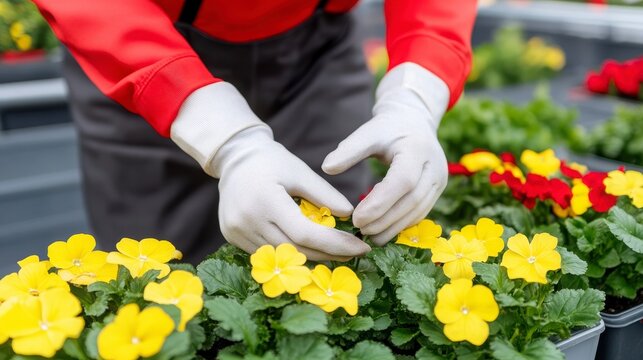 Gardener Nurturing Yellow Flowers in Greenhouse Environment