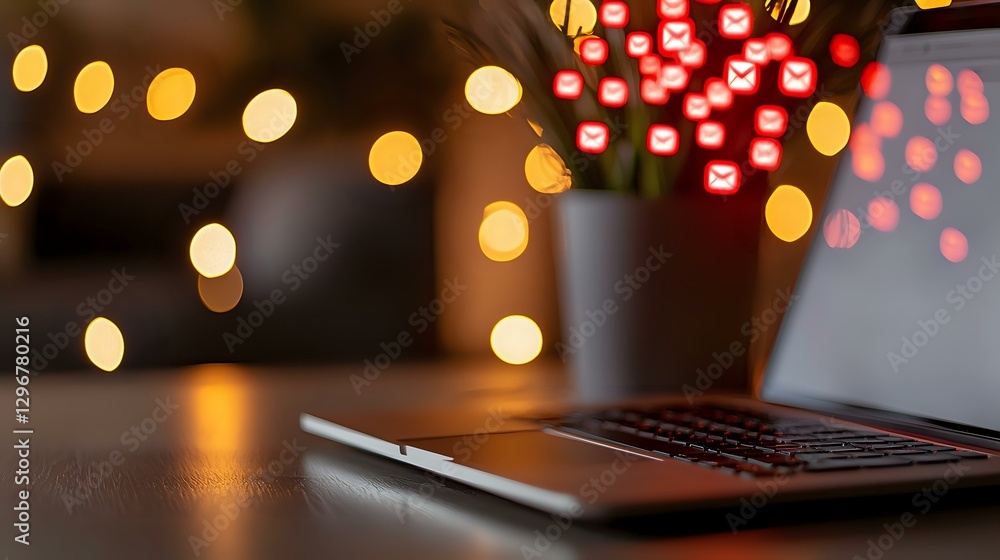 Poster Laptop keyboard in cozy evening atmosphere with blurred Christmas lights and decorative red flowers creating warm bokeh effect in background.