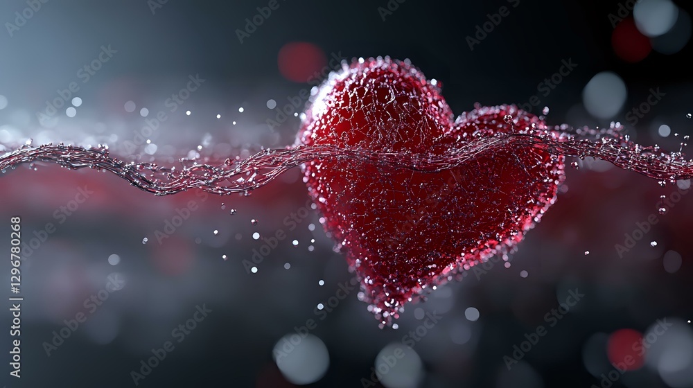 Poster red heart shape with sparkling water droplets and bokeh effects floating in dark space, romantic val