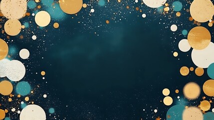 Festive frame with gold and white bokeh circles on dark teal background with scattered glitter dots, creating elegant border for holiday designs.