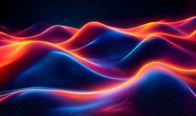Abstract glowing waves with vibrant colors and futuristic wireframe pattern