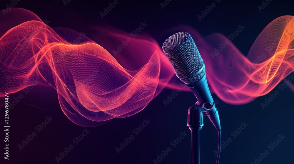 Poster a graphic with abstract waves flowing around a distant microphone silhouette.