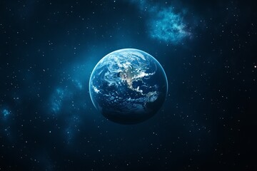 Fototapeta premium Stunning Blue Planet Earth in Deep Space Cosmic Background Starry Night Universe Galaxy Celestial Globe World 3D Way Sky Dark View Land Stars Photo 