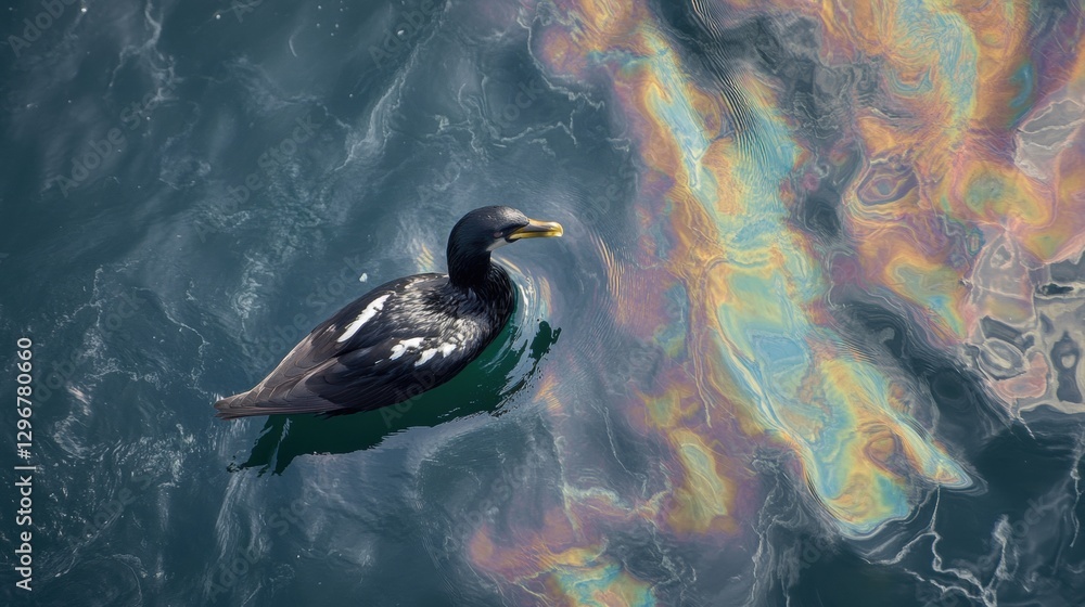 Poster oil spill creates rainbow sheen on ocean surface, seabird struggles to navigate hazardous waters. ge
