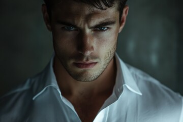 Fototapeta premium A young man with intense blue eyes and a serious expression, wearing a crisp white shirt.
