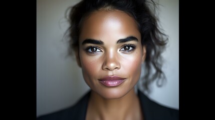 Naklejka premium Young African American woman with natural curly hair in elegant portrait, featuring glowing skin, professional makeup and confident expression against neutral background.