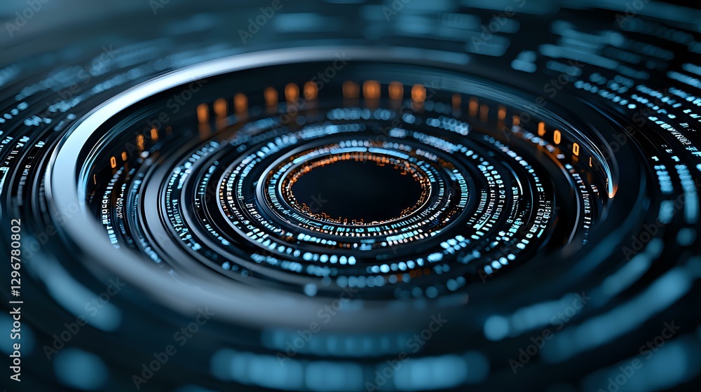 Poster futuristic circular interface with glowing blue and orange digital elements creates dynamic technolo