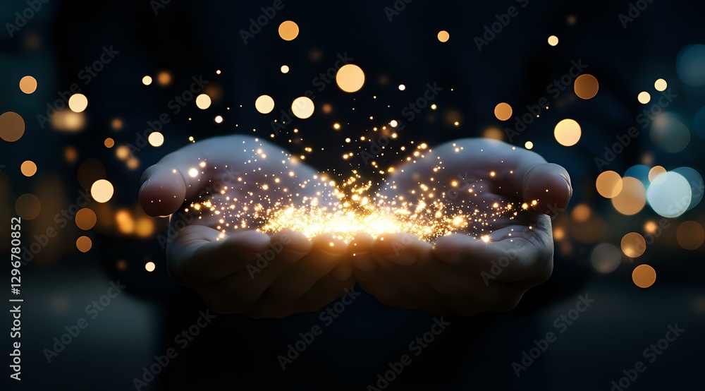 Poster magical glowing light particles floating between cupped hands against dark background with golden bo