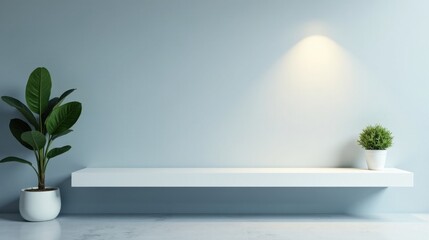 Modern minimalist interior design featuring a floating shelf with potted plants against a serene blue wall