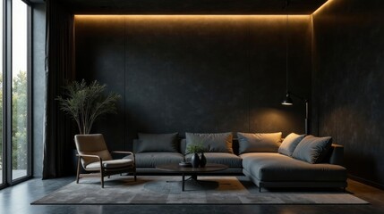 Fototapeta premium Dark Interior Design Modern Sectional Sofa and Armchair in a Room with Warm Lighting and Large Window