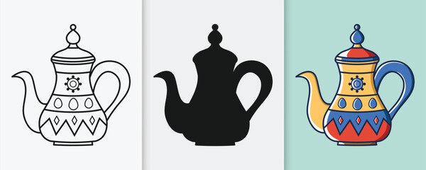 Arabic tea pot kettle outline and silhouette icon set with isolated flat vector illustration for eid celebration