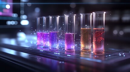 Laboratory test tubes with colorful glowing liquids on futuristic surface against dark background with bokeh lights, scientific research concept.