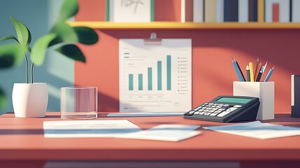 Fototapeta premium Financial planning desk with charts, calculator, and documents, minimalist and professional, illustration