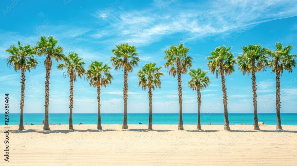 Poster a group of palm trees lining a sandy beach with turquoise waters in the distance.