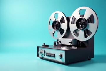 Vintage Reel-to-Reel Audio Tape Recorder on Teal Background, Evoking Nostalgia and the Sounds of a Bygone Era