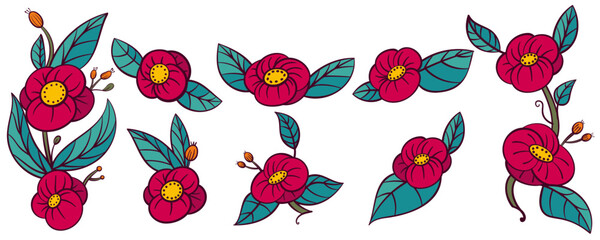 Camellia flowers vector set. Camellia flower collection for spring isolated in white background. Vector illustration.