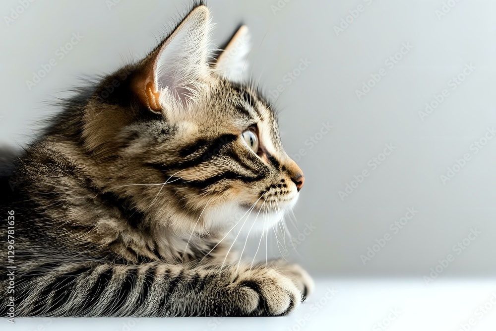 Poster side profile of long-haired tabby cat with striped fur pattern lying down and looking away against l