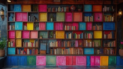 Colorful bookshelf with books and vibrant painted panels.
