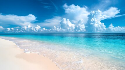 Fototapeta premium A beautiful white sandy beach with clear blue wat tranquil waves lapping sunlit shore idyllic paradise clear skies tropical vacation spot relaxing getaway