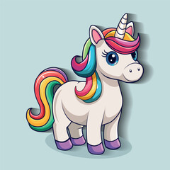 Obraz premium Colorful unicorn character with rainbow mane and tail stands cheerfully against a soft pastel background