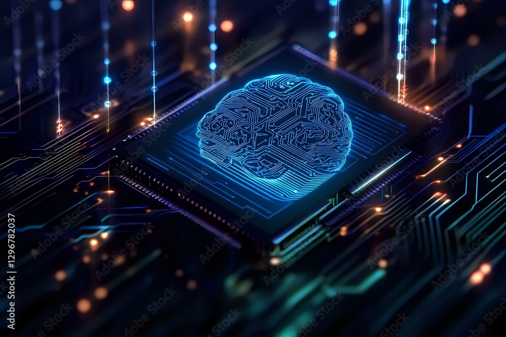 Poster Glowing digital brain on computer processor chip with circuit paths and light effects, representing artificial intelligence and machine learning technology.