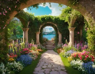 Fototapeta premium Enchanting Garden Archway: Floral Path to Scenic Seascape