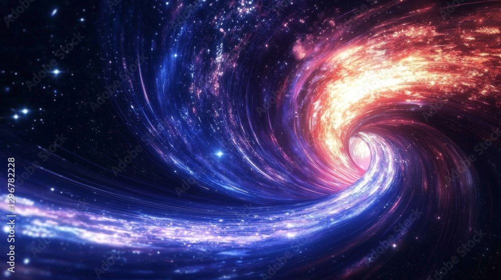 Poster stunning visual of particles navigating through a cosmic background.