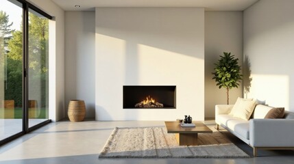 Fototapeta premium Modern minimalist living room with fireplace and large window showcasing natural sunlight