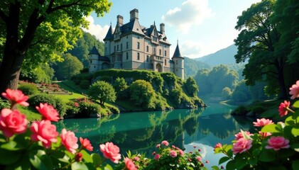 Fototapeta premium Lush foliage and flowers grow in the castle's moat and surroundings, foliage, landscape