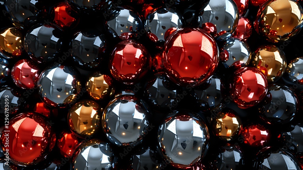 Poster shiny metallic spheres in red, silver, and gold colors create abstract background pattern with refle