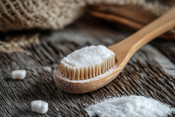 Baking soda on a bamboo toothbrush promotes sustainable oral care and teeth whitening, placed on a rustic wooden surface