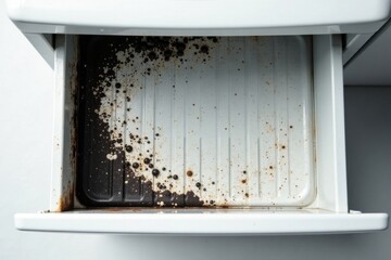 A neglected appliance drawer reveals unsightly stains and residue, a testament to deferred cleaning and the need for thorough appliance maintenance.