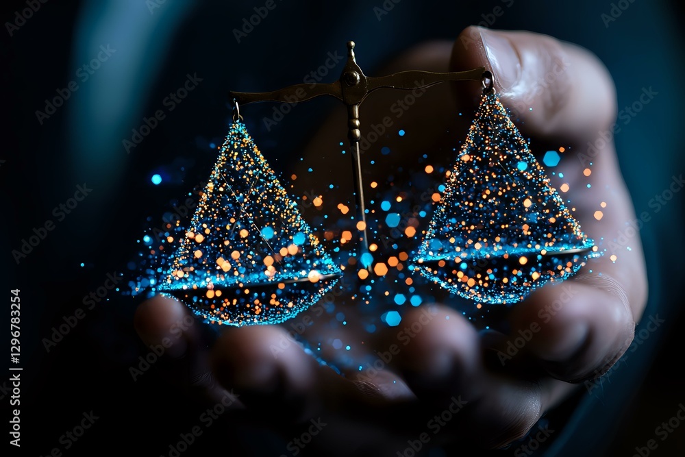 Poster magical glowing triangle earrings with sparkles and bokeh effects floating above cupped hands in dar