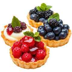Delicious Berry Tartlets with Fresh Mint Leaves isolated on white or transparent background, png clipart, design element