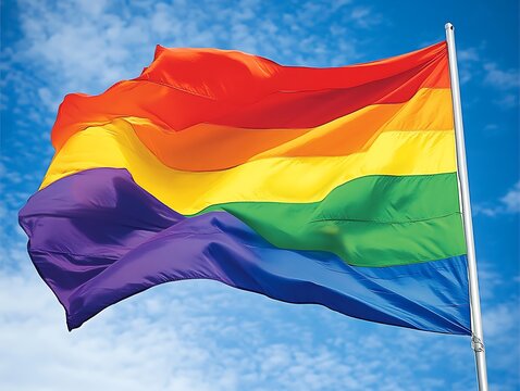 Rainbow flag waving outdoors, blue sky