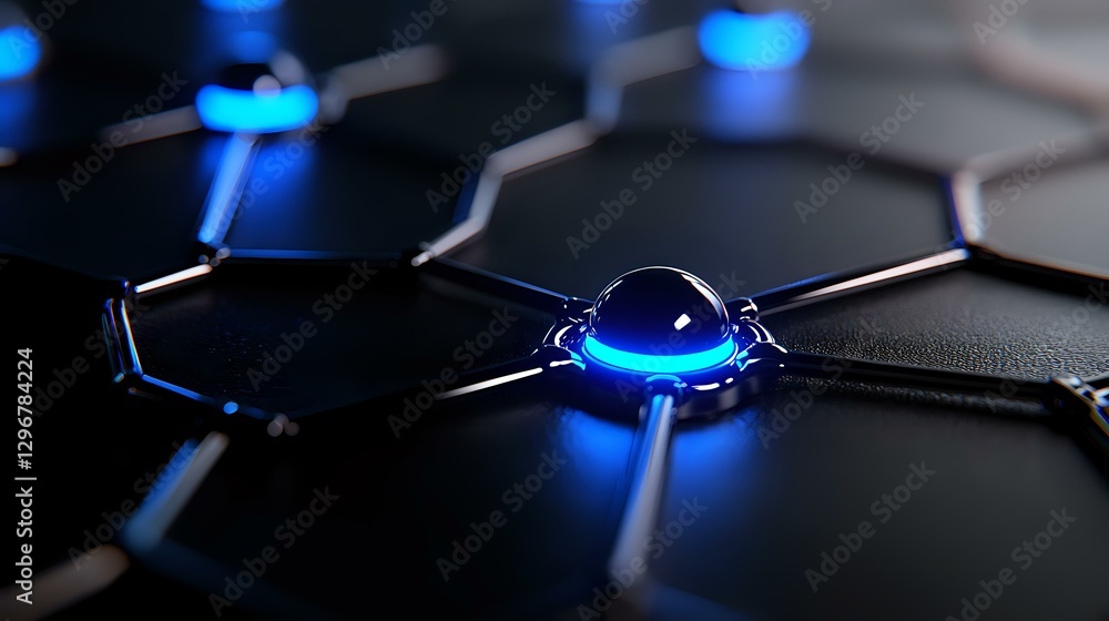 Poster glowing blue led nodes connected by metallic lines on black hexagonal surface create futuristic netw