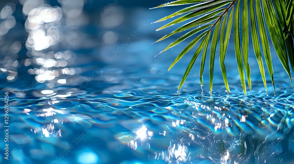 Aufkleber tranquil swimming pool water surface with sunlight reflections and palm leaf, creating rippling patt