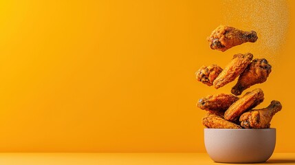 Crispy Fried Chicken Wings in Bowl with Yellow Background