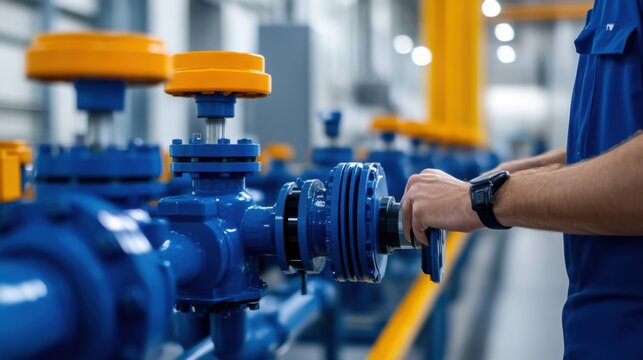 Industrial Worker Operating Valve in Modern Factory Setting with Blue Pipes and Bright Yellow Fixtures