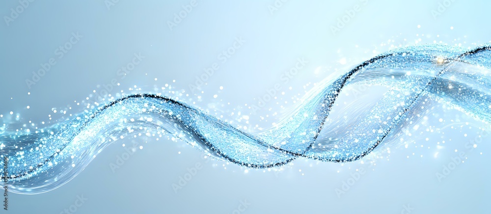 Poster flowing dynamic wave of sparkling water and bubbles on light blue background creates smooth curving 