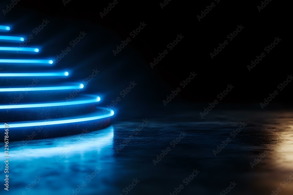 Poster glowing blue neon spiral staircase steps in dark space with reflective floor surface creating futuri