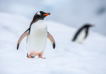 Fototapeta premium Elegant Gentoo Penguin Standing Proudly on Icy Landscape with Another Penguin Blurred in Background, Capturing Antarctic Wildlife Beauty