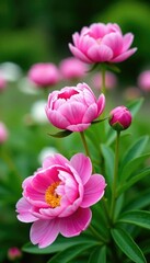 Pink peony flowers blooming in a garden with white and greenery, garden decor, lush garden