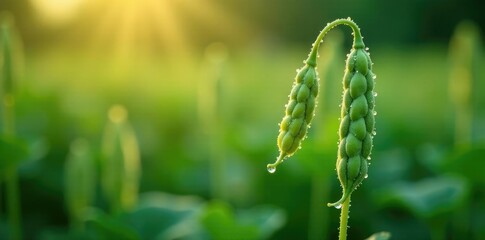 Silvery soybean pods glistening in the morning dew, dew, morning, nature