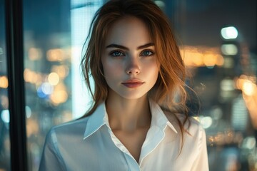 Fototapeta premium A young woman with auburn hair and blue eyes, wearing a white shirt, stands before a city night backdrop.