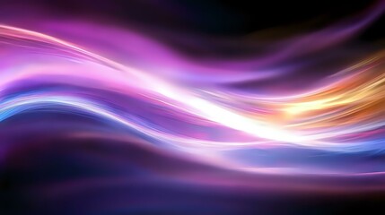 Fototapeta premium Abstract flowing waves of purple, blue and orange light creating dynamic motion effect against dark background, suitable for modern tech designs and presentations.
