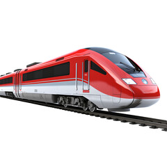 Fototapeta premium Sleek Speed: A vibrant red high-speed train races along the tracks, a symbol of modern transport.