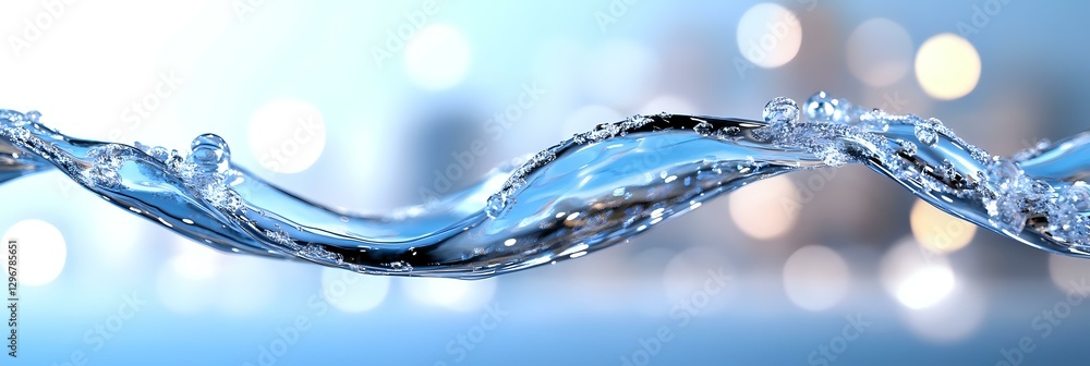 Poster Dynamic wave of crystal clear water flowing horizontally with splashes and droplets against soft blue bokeh background creating refreshing motion effect.