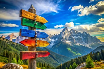 Rustic Wooden Tourist Signpost Pointing to Scenic Mountain View