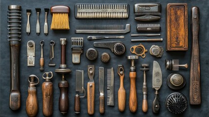 Antique leather crafting tools arranged on dark surface, workshop background, craft supply flatlay